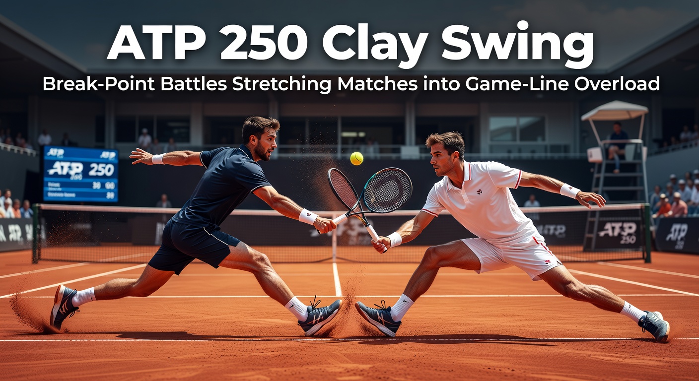 Clay court action during an ATP 250 match, showing intense baseline rallies and a player saving a break point