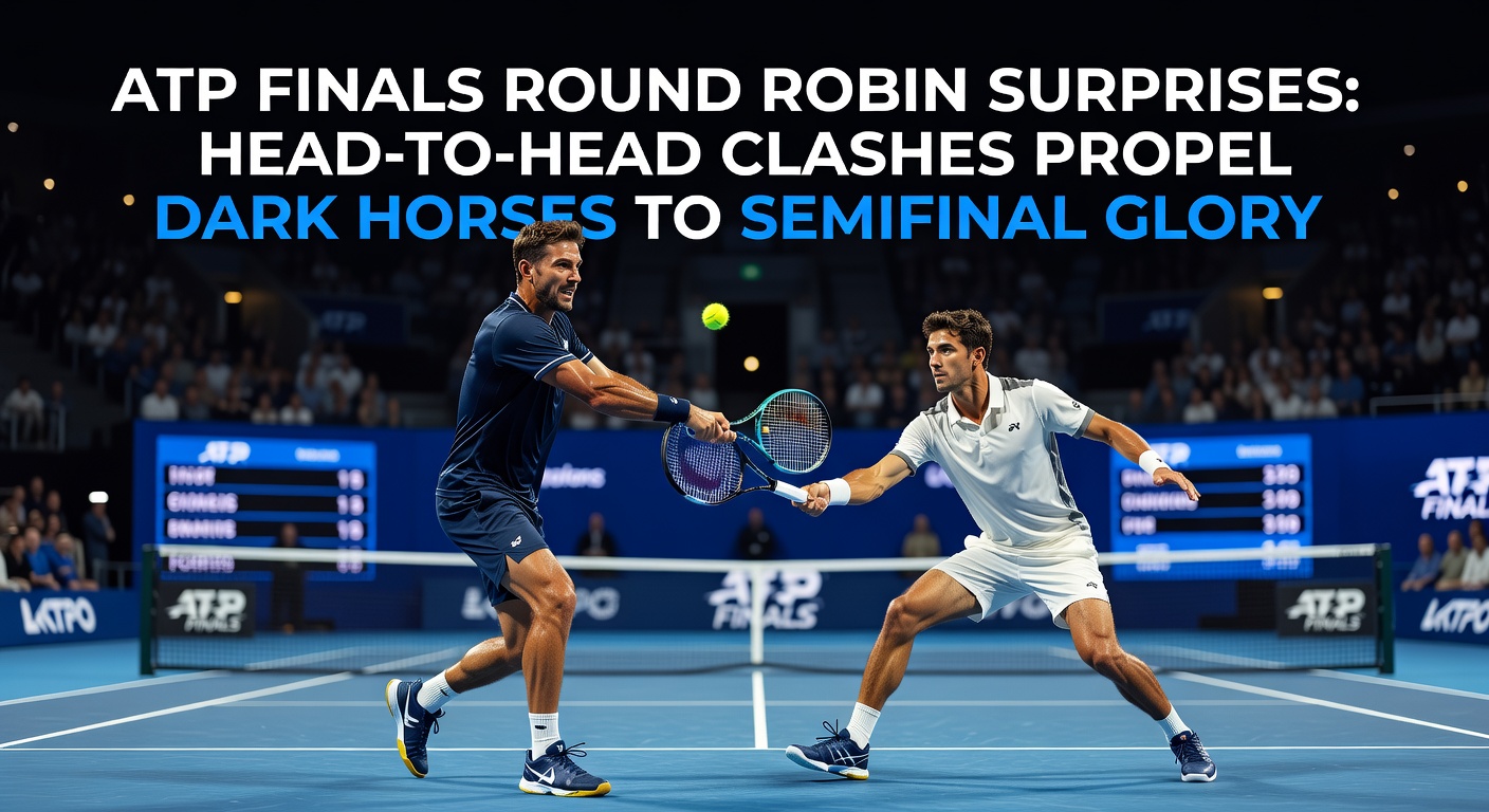 Intense ATP Finals round-robin match with players locked in a decisive head-to-head clash under bright arena lights
