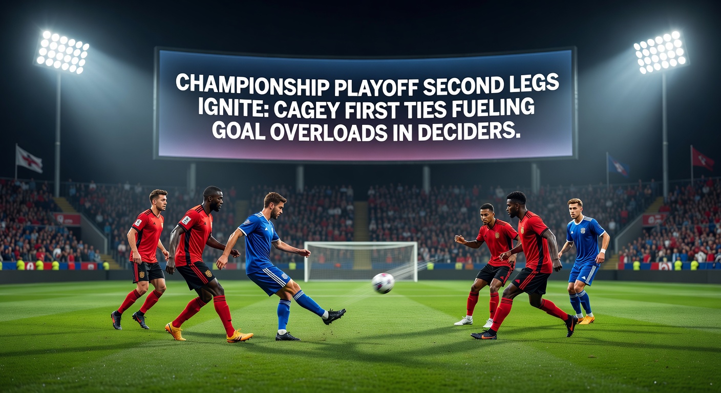 Intense Championship playoff semi-final action with players celebrating a goal under floodlights
