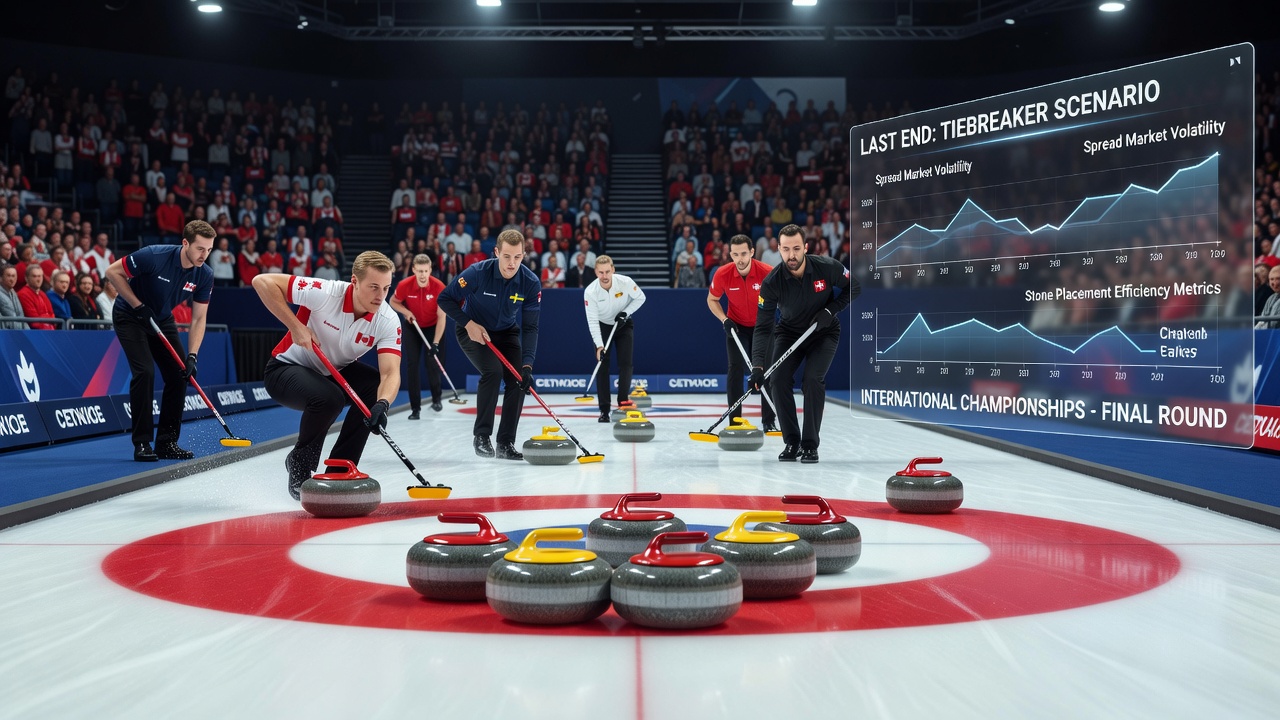 Strategic stone placement and sweeping action in a high-stakes curling end, illustrating dynamics that influence championship spreads
