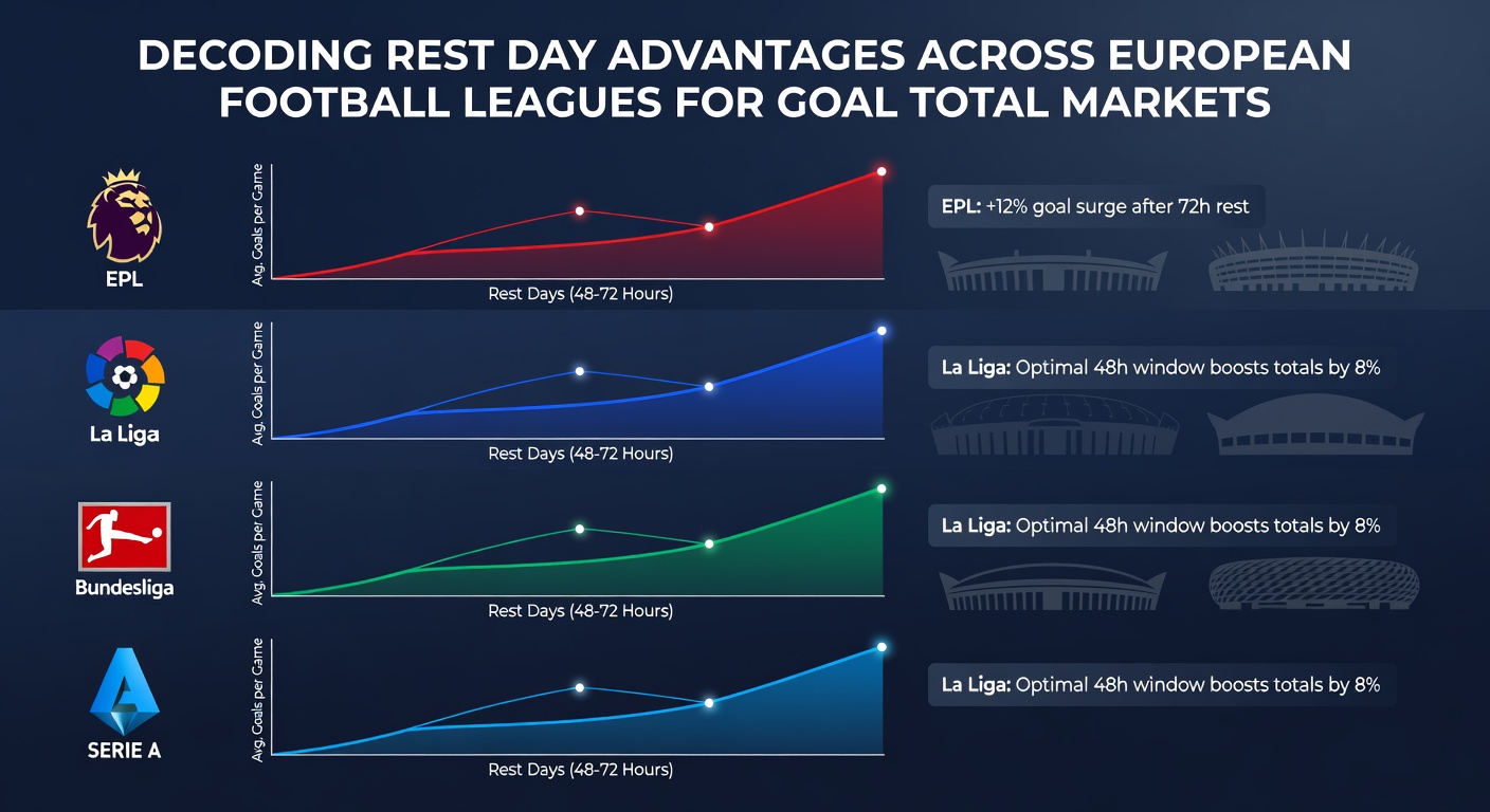 European football pitch with rest day recovery data overlays showing goal total trends across leagues
