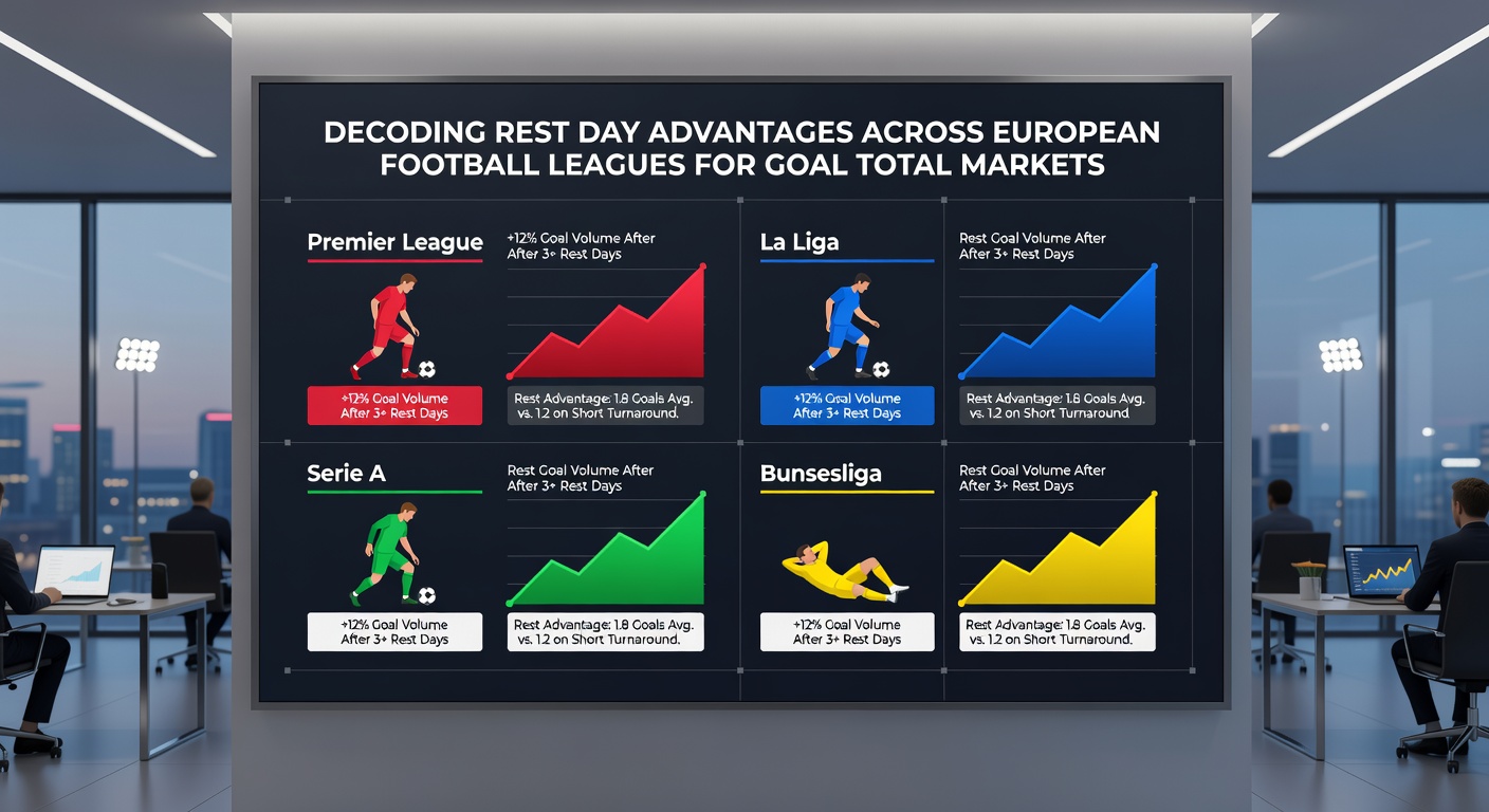 Matchday statistics graphic comparing goal averages after varying rest periods in top European leagues