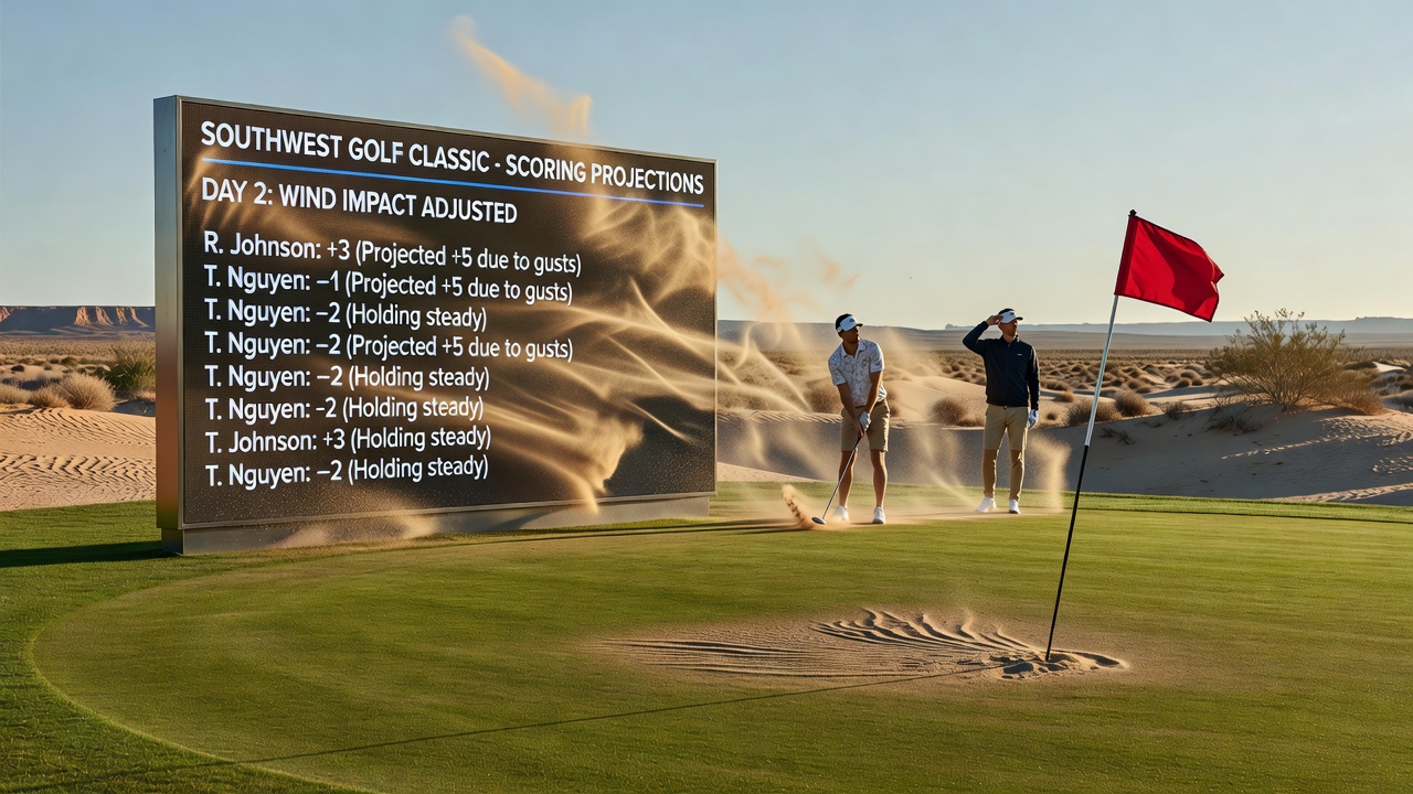 Close-up of golfers navigating a windy fairway on a Southwest desert course with dust visible in the background