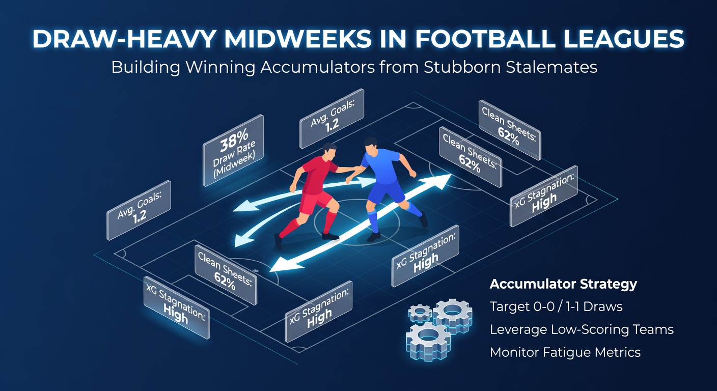 Midweek football pitch under floodlights with teams locked in a tense stalemate, highlighting the draw-heavy nature of these fixtures
