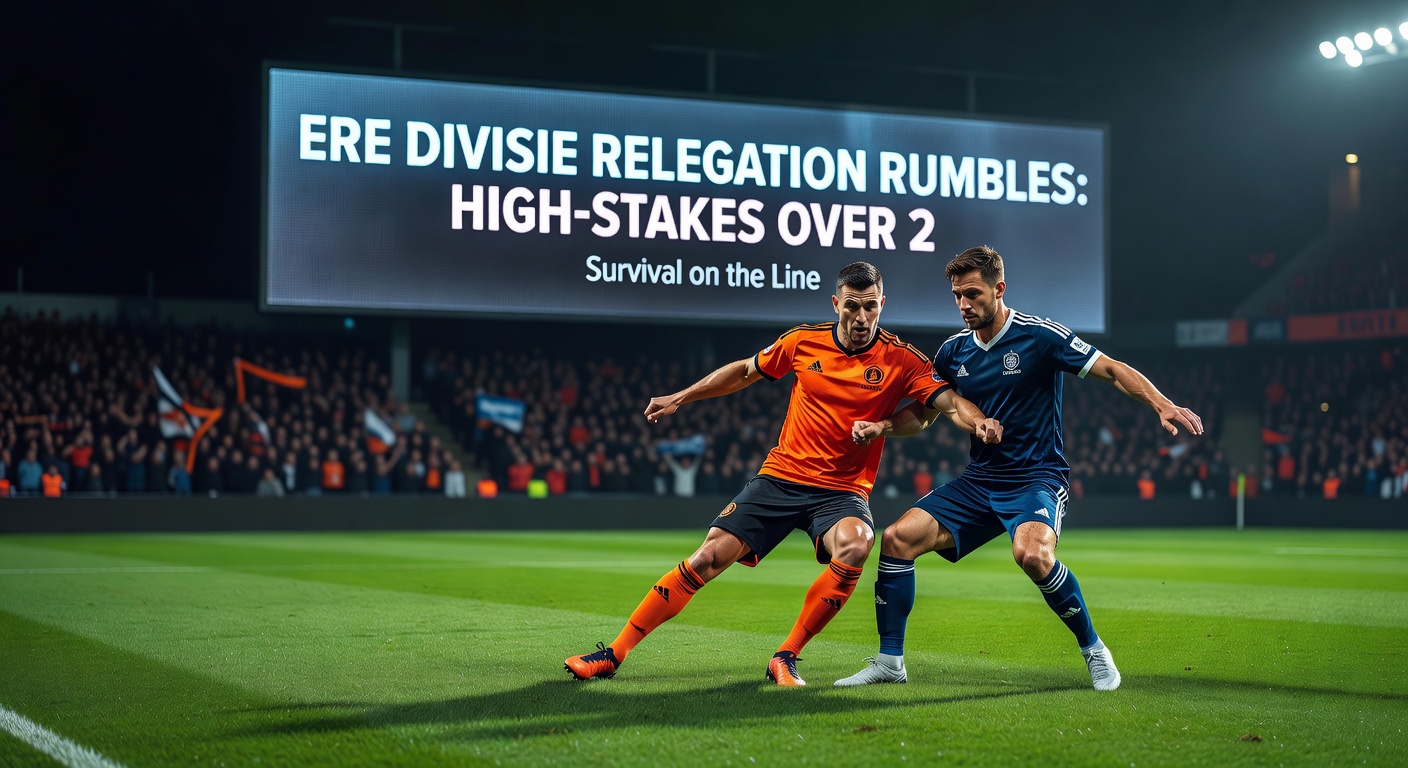 Eredivisie teams clashing in a tense relegation battle under floodlights, with fans holding tense scarves and players pushing forward aggressively