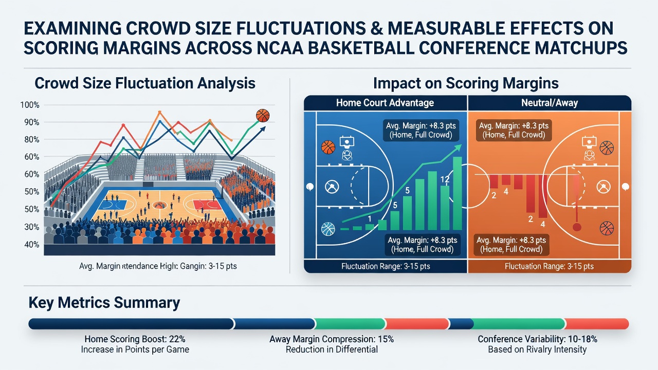NCAA basketball arena showing varying crowd sizes during conference games with visible attendance differences across sections