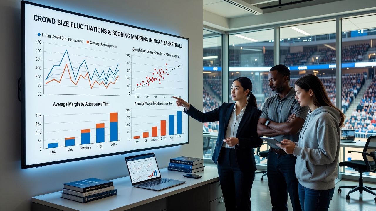 Data visualization charts displaying NCAA conference game attendance versus scoring margin correlations across multiple seasons