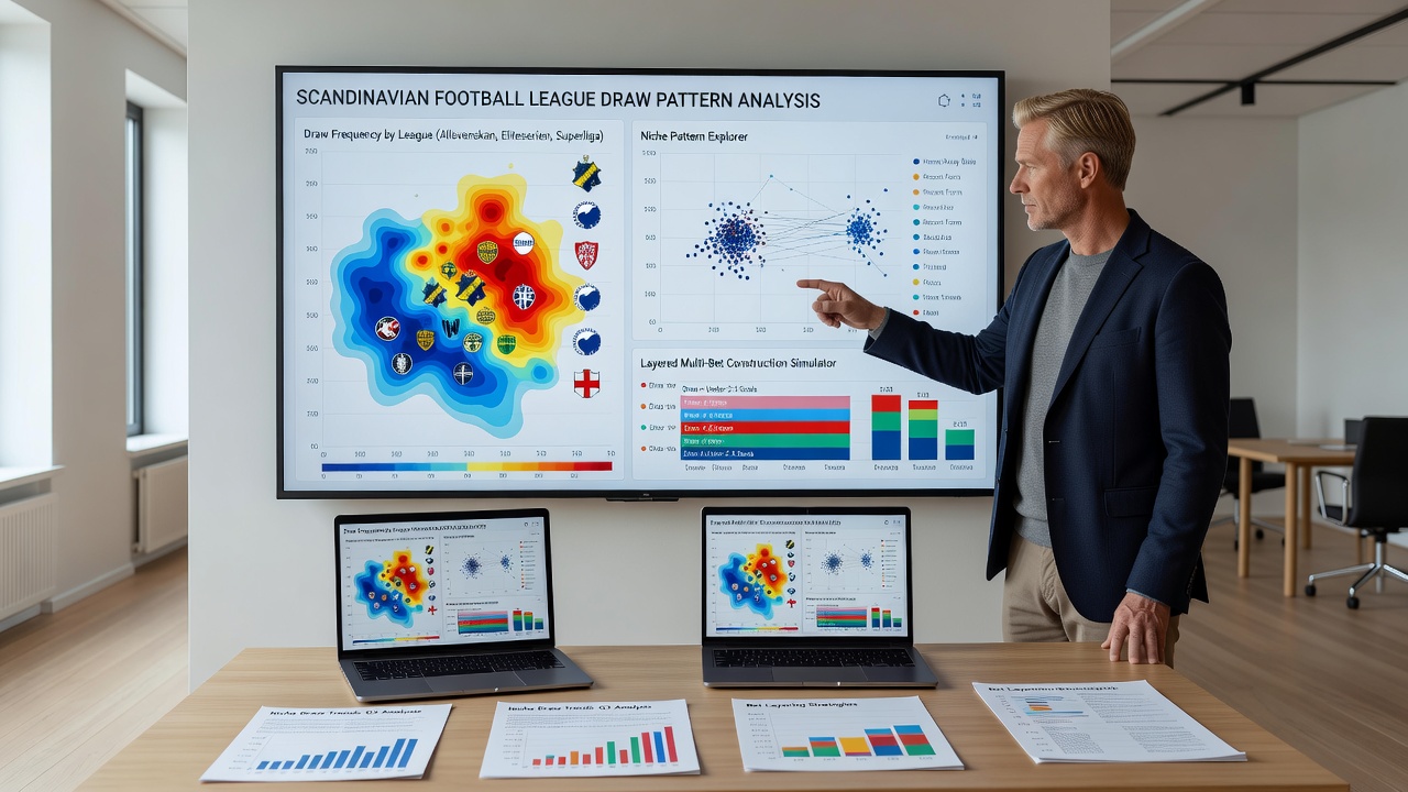 Close-up of a football match statistic board displaying draw percentages and team form lines from a Scandinavian league fixture