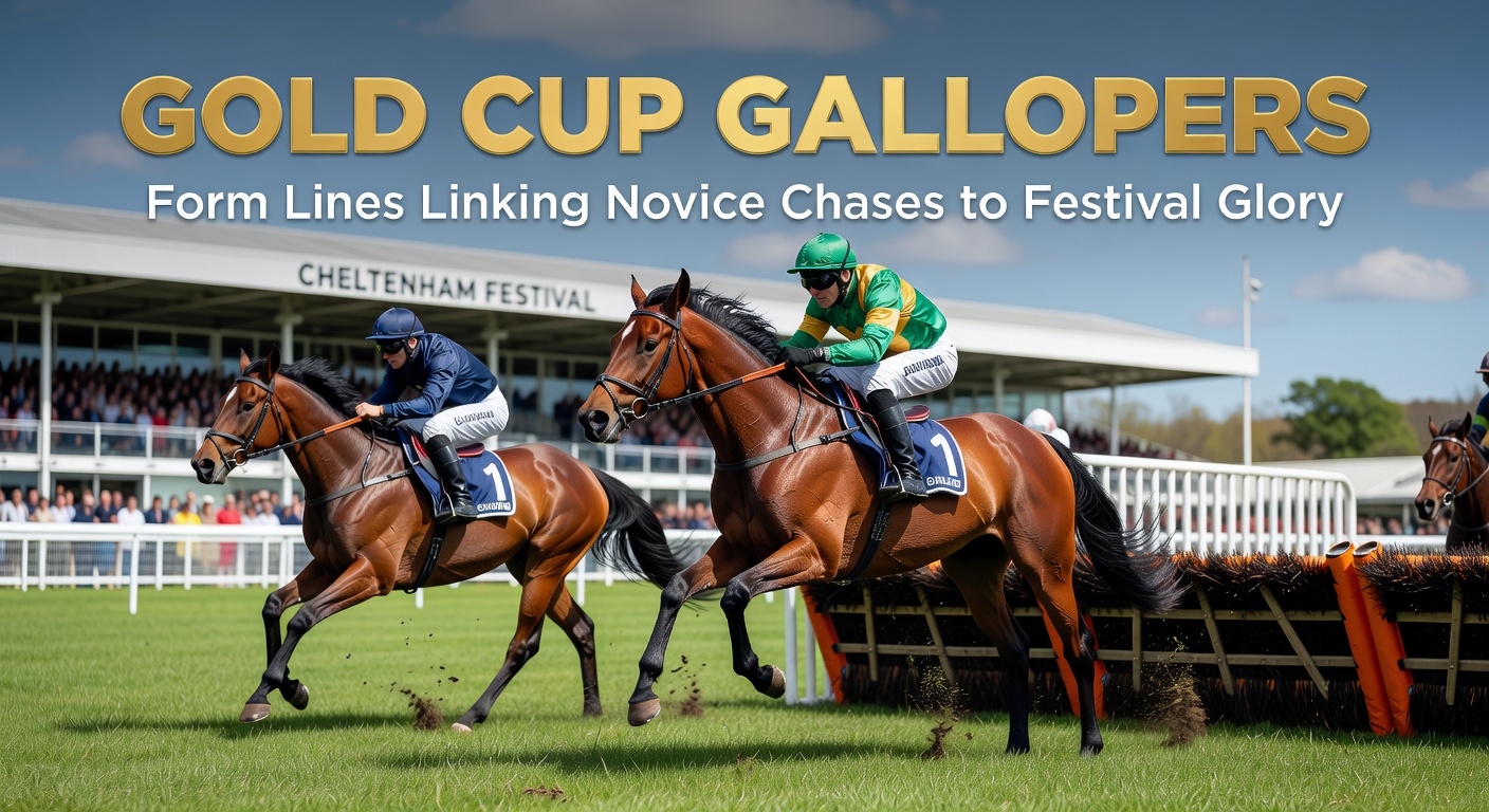 Cheltenham Festival Gold Cup race with horses charging towards the finish line under a dramatic sky, highlighting the intensity of novice chase form translating to staying power