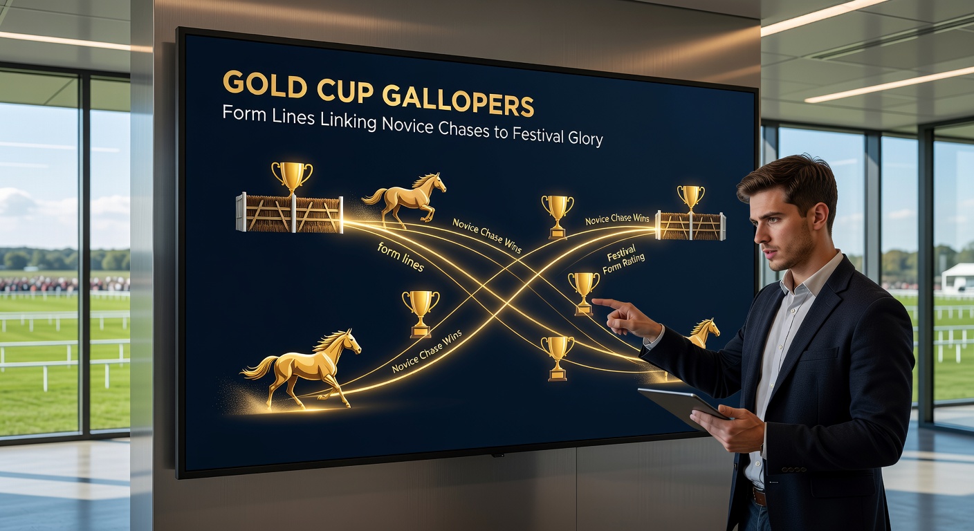 Close-up of a powerful novice chaser mid-jump over a fence, with jockey urging it on, symbolizing the foundational form that builds Gold Cup contenders