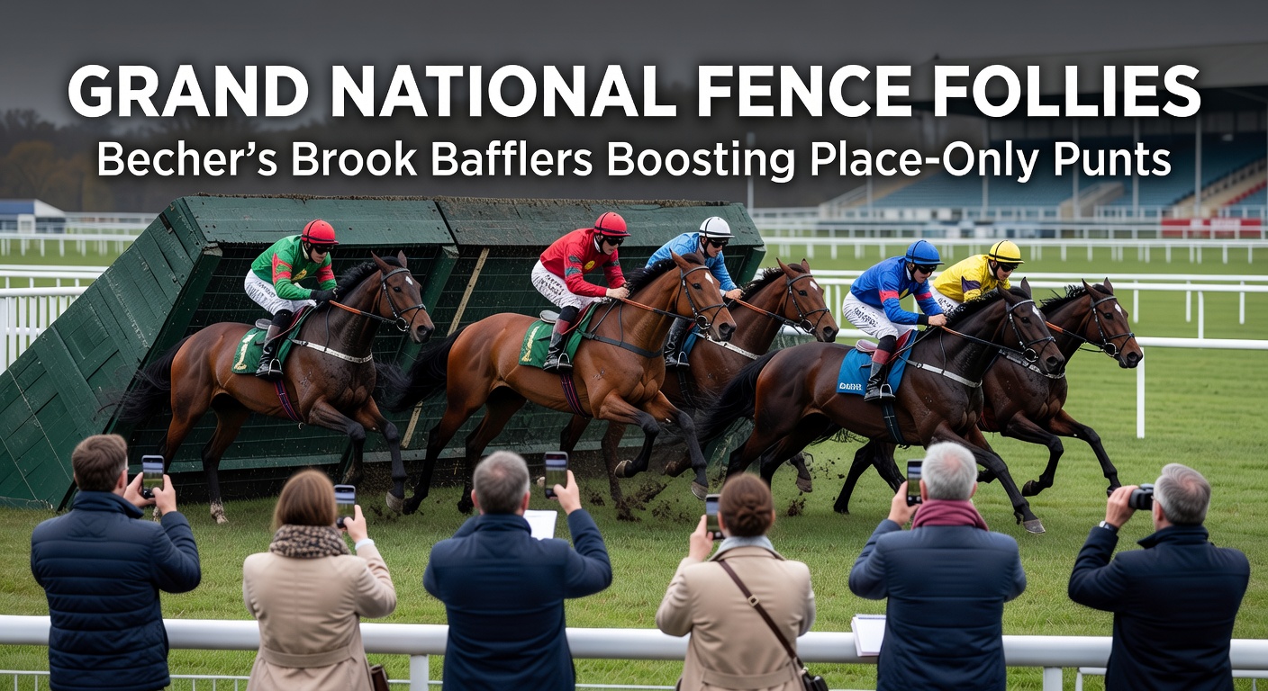 Horses navigating the treacherous Becher's Brook fence during a Grand National, with water visible on the landing side, capturing the moment of high drama and potential falls