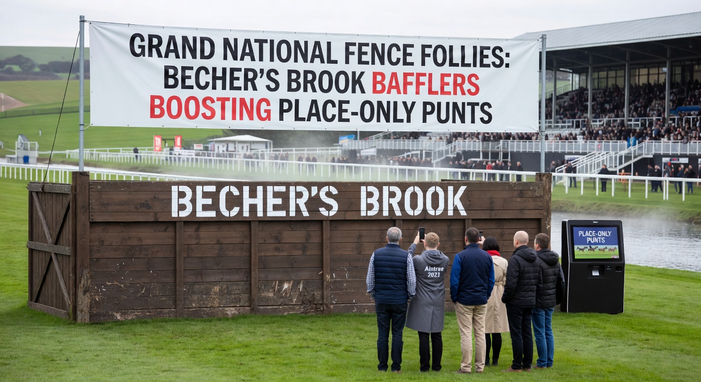 A dramatic close-up of a horse and jockey tackling Becher's Brook, mist spraying from the landing, highlighting the fence's intimidating profile and the rider's focused determination