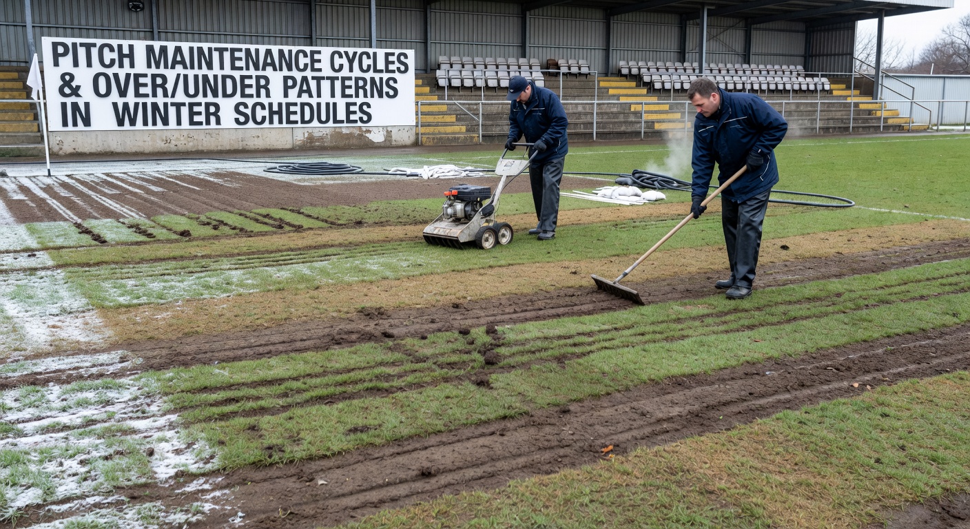 Lower league football pitch during winter maintenance with heavy machinery on muddy surface