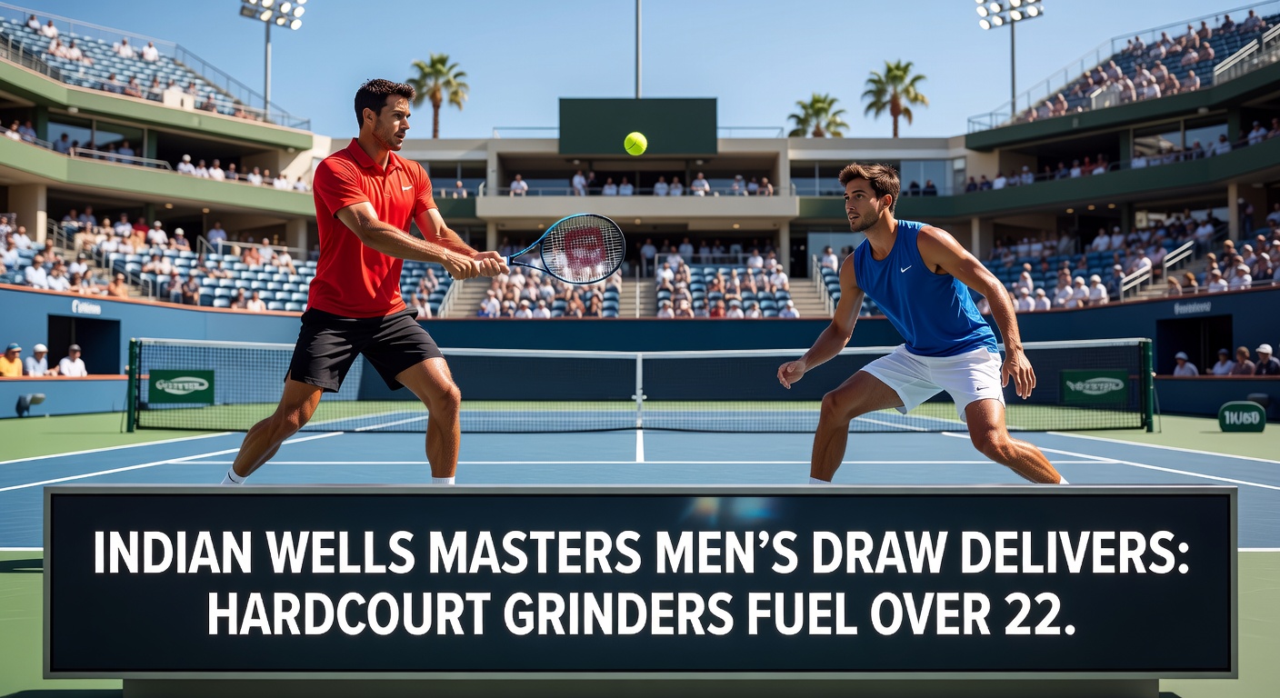 Aerial view of the Indian Wells Tennis Garden stadium packed with fans under sunny skies, highlighting the vast hardcourt arena where epic rallies unfold