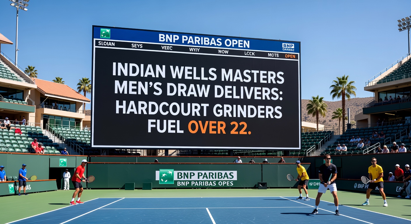 Close-up of two male tennis players locked in a intense baseline rally on the Indian Wells hardcourt, sweat flying as the crowd watches in anticipation