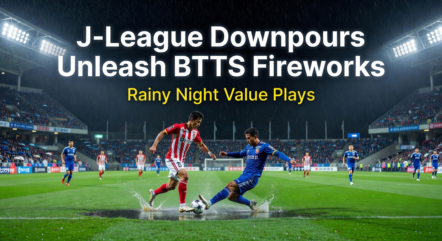 A rain-drenched J-League pitch under floodlights, with players battling through puddles during a intense match