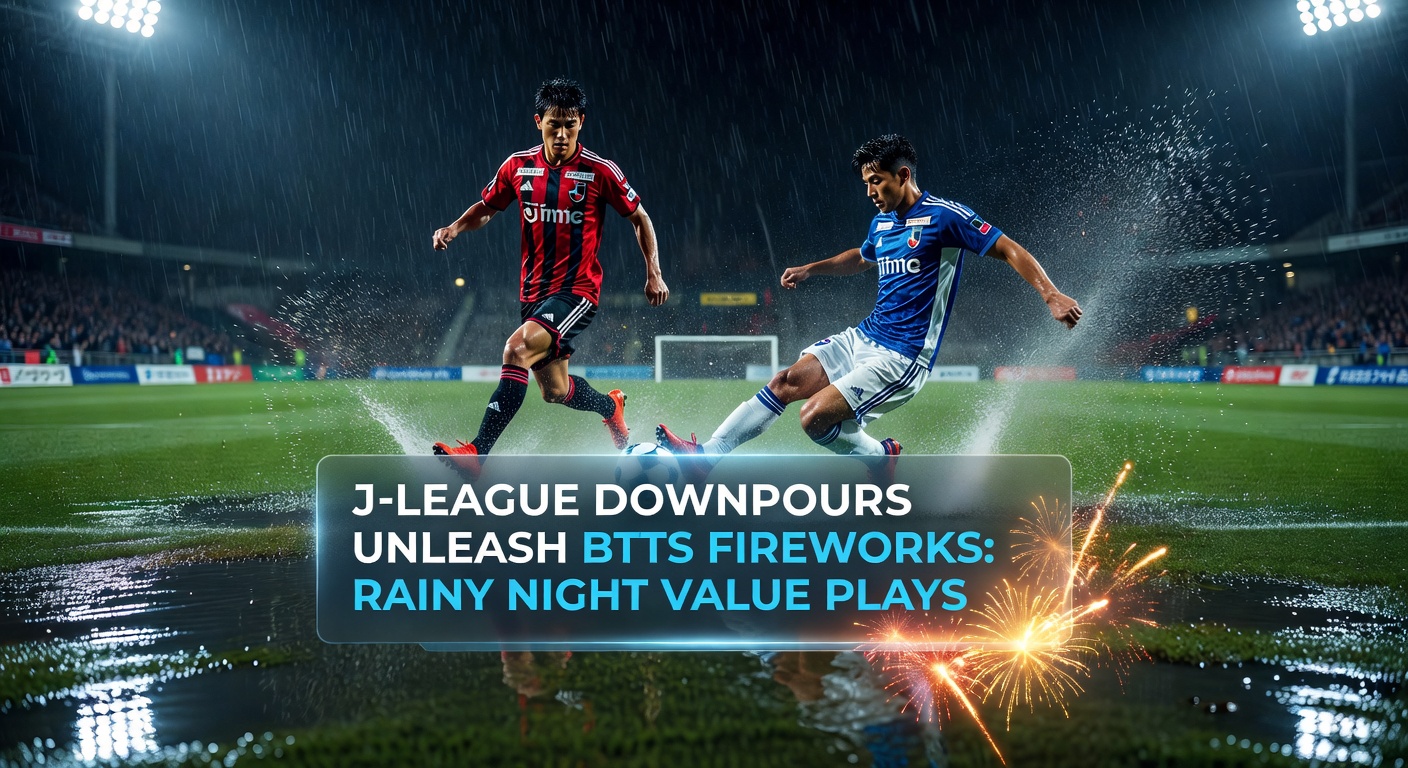 Floodlit J-League stadium overwhelmed by torrential rain, fans in ponchos cheering as goals fly in during a BTTS thriller