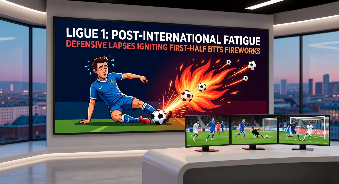 A chaotic first-half goalmouth scramble in a Ligue 1 match post-international break, with defenders unable to clear amid fatigue