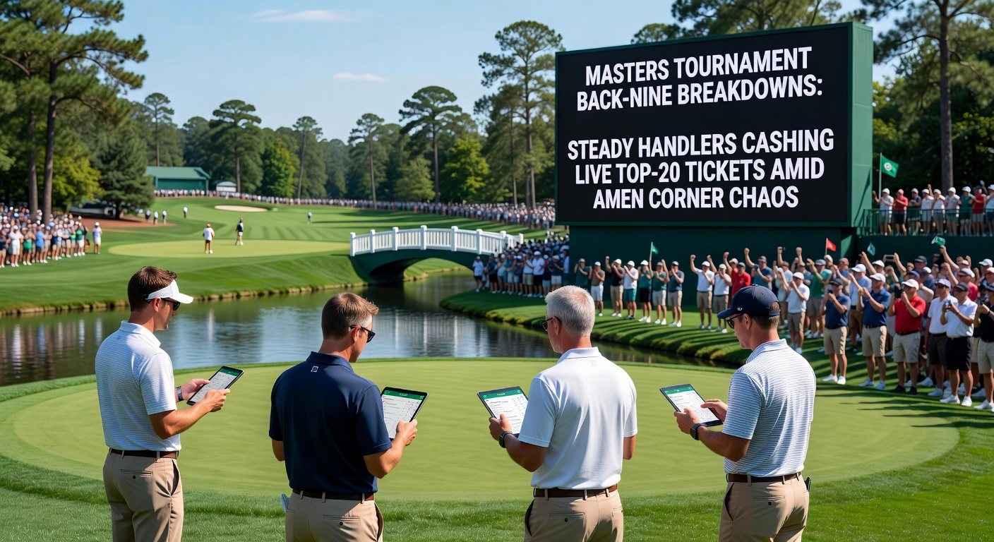 Dramatic view of Amen Corner at Augusta National, with the 12th green and Rae's Creek under a stormy sky during the Masters Tournament