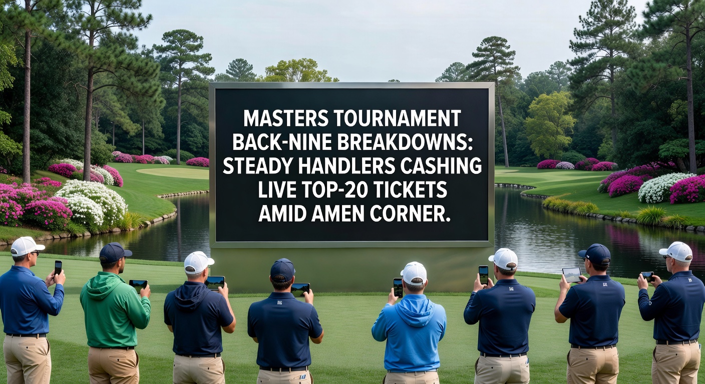 Close-up of a golfer navigating the 13th hole at Augusta, mid-swing over the fairway with pines in the background during Masters contention