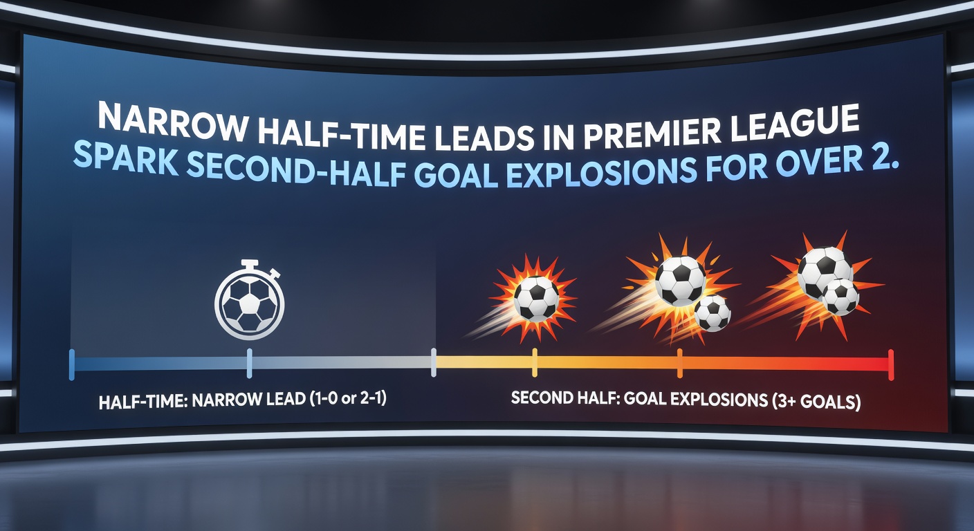 Infographic displaying Premier League matches with 1-0 half-time scores and explosive second-half goal tallies, highlighting over 2.5 trends