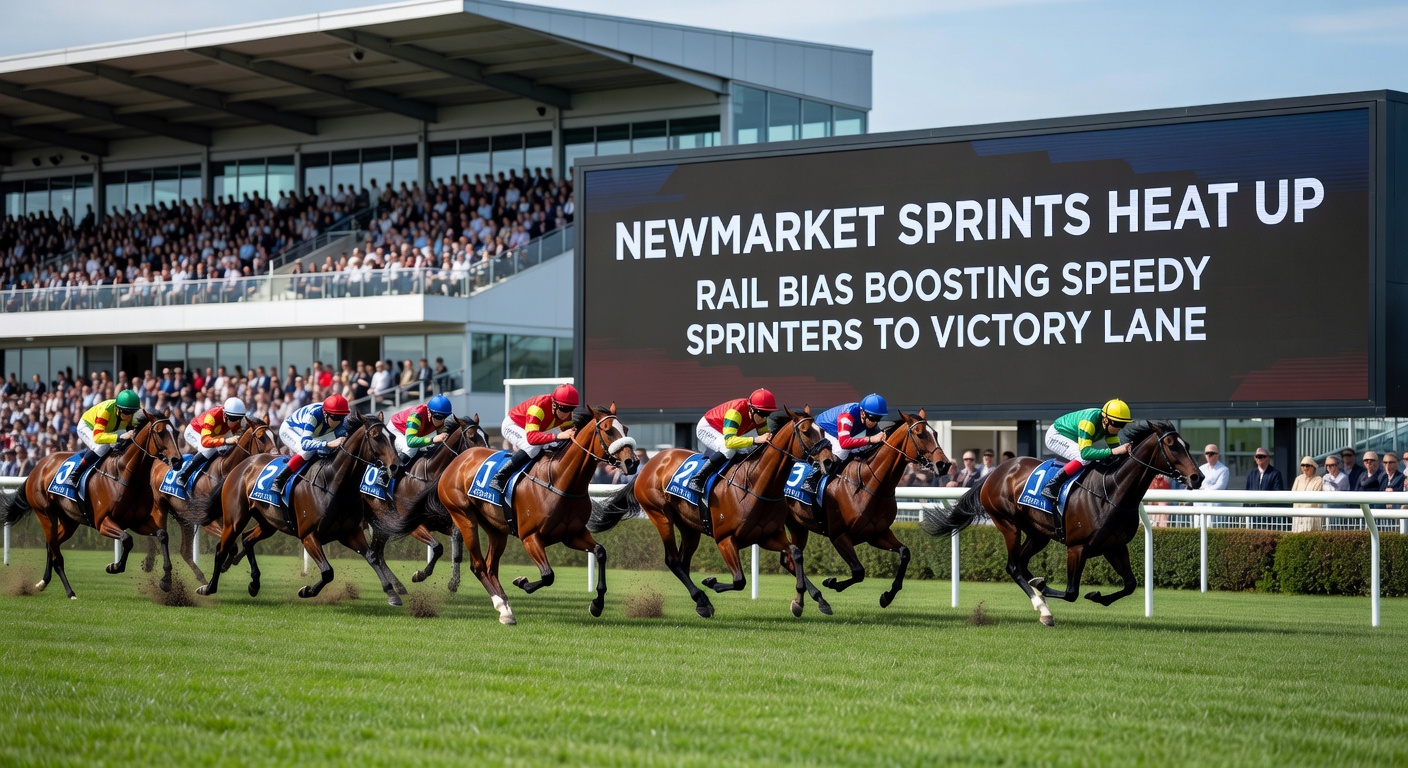 Close-up of jockey guiding sprinter along the rail during Newmarket sprint