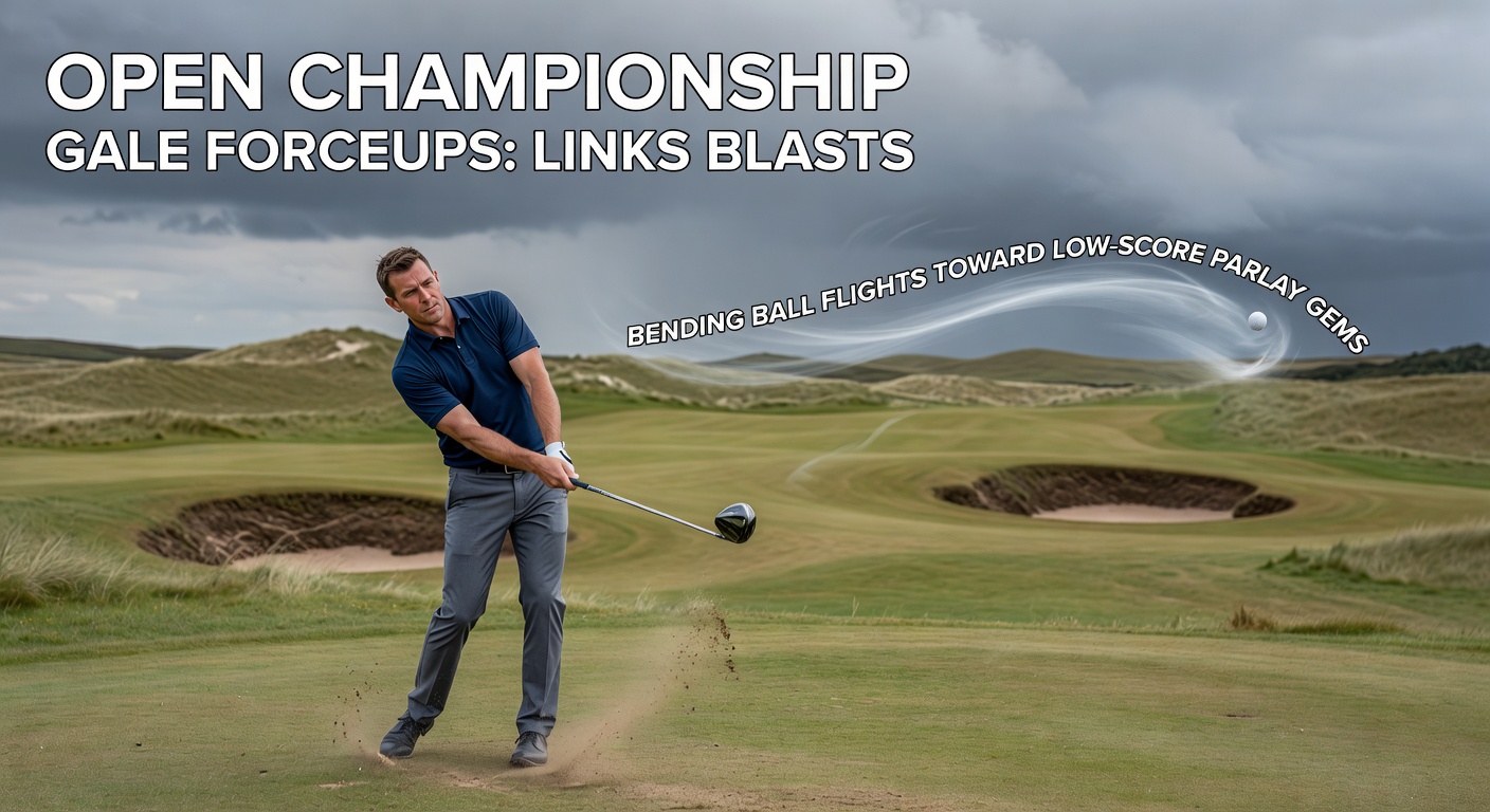 Dramatic view of a golfer battling gale-force winds on a rugged links course during the Open Championship, with bent grasses and a low-flying ball curving sharply toward the hole
