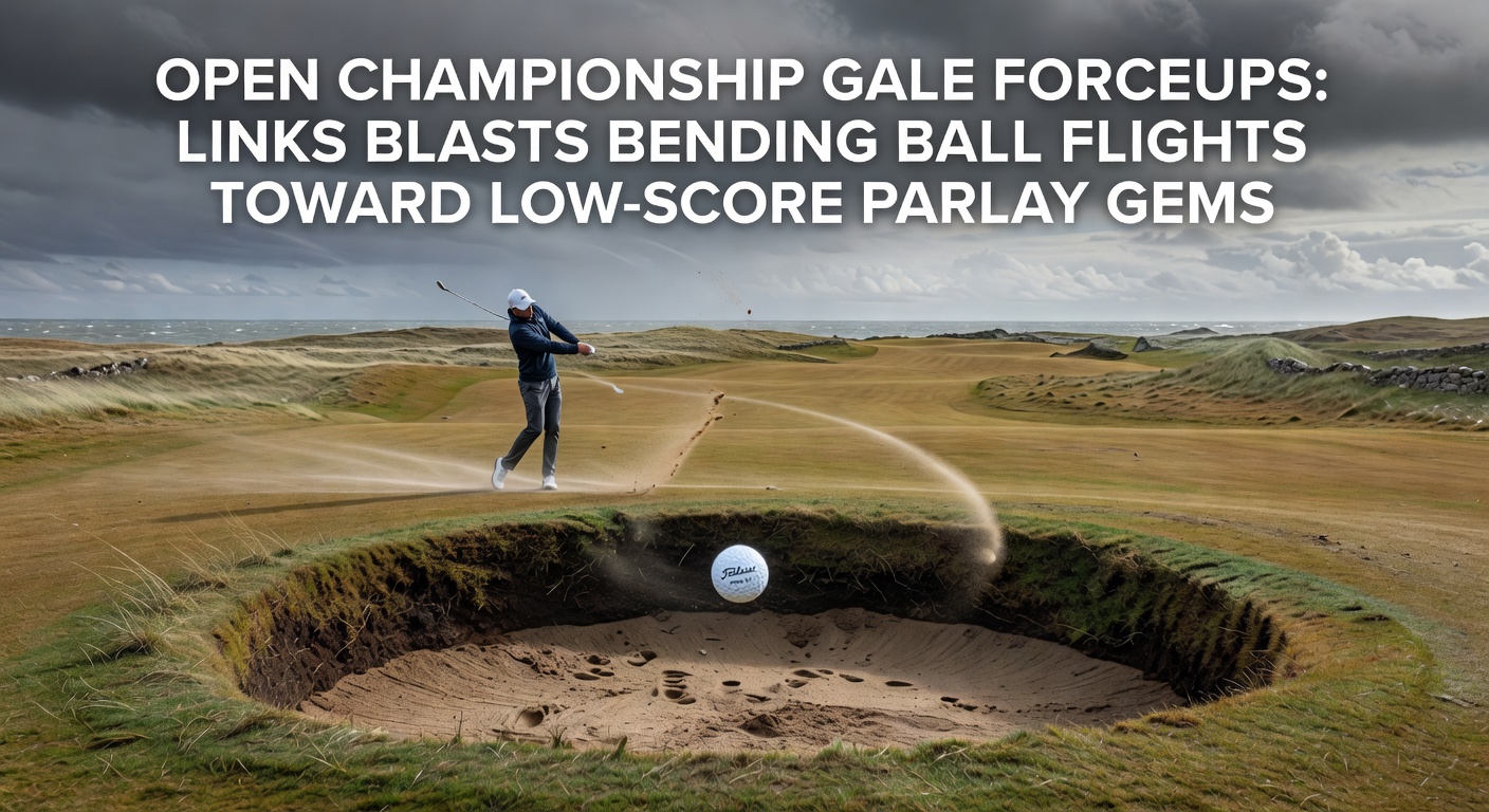 Close-up of a professional golfer executing a low punch shot into the wind on a windy links fairway, ball hugging the turf amid swirling gusts and distant crashing waves