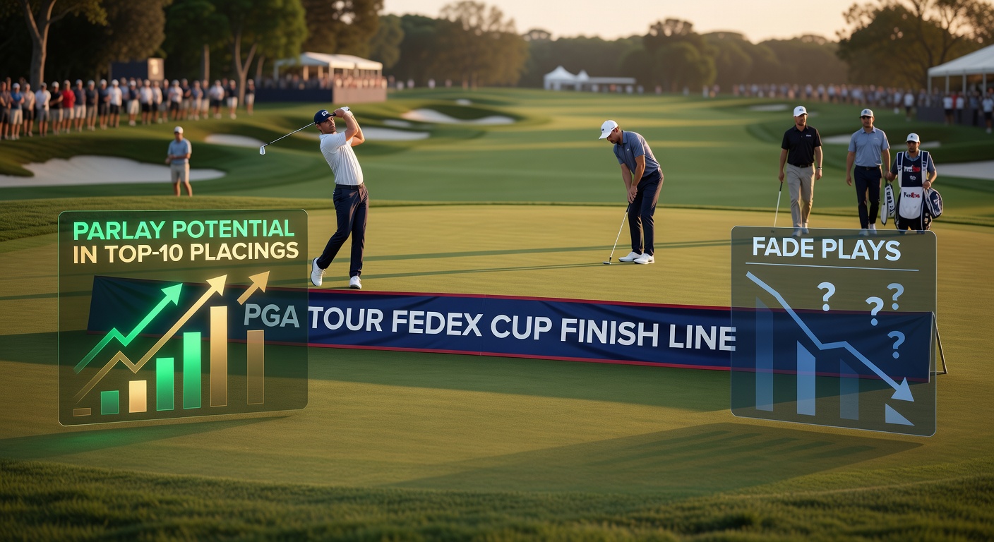 Close-up of golfers in contention during a FedEx Cup playoff round, with scoreboards highlighting top-10 battles