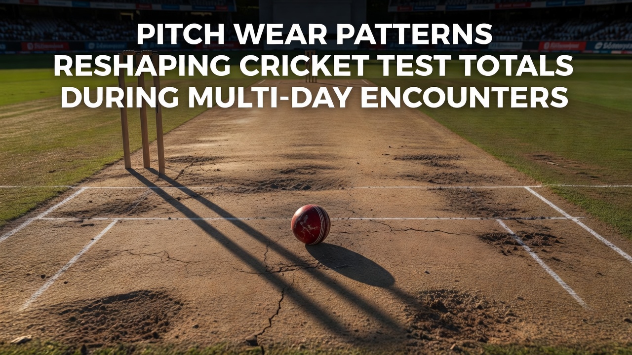 Close-up view of a deteriorating cricket pitch with visible cracks and wear during a multi-day Test match