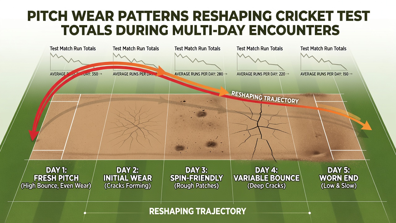 Aerial perspective of a Test match pitch showing progressive wear patterns across multiple days of play