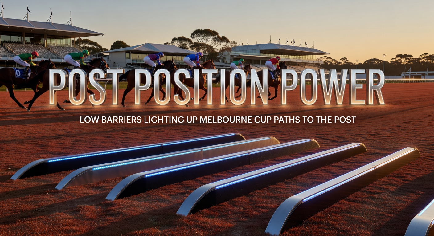 Horses bursting from the barriers at Flemington Racecourse during the Melbourne Cup, with inner positions gaining early leads toward the first turn