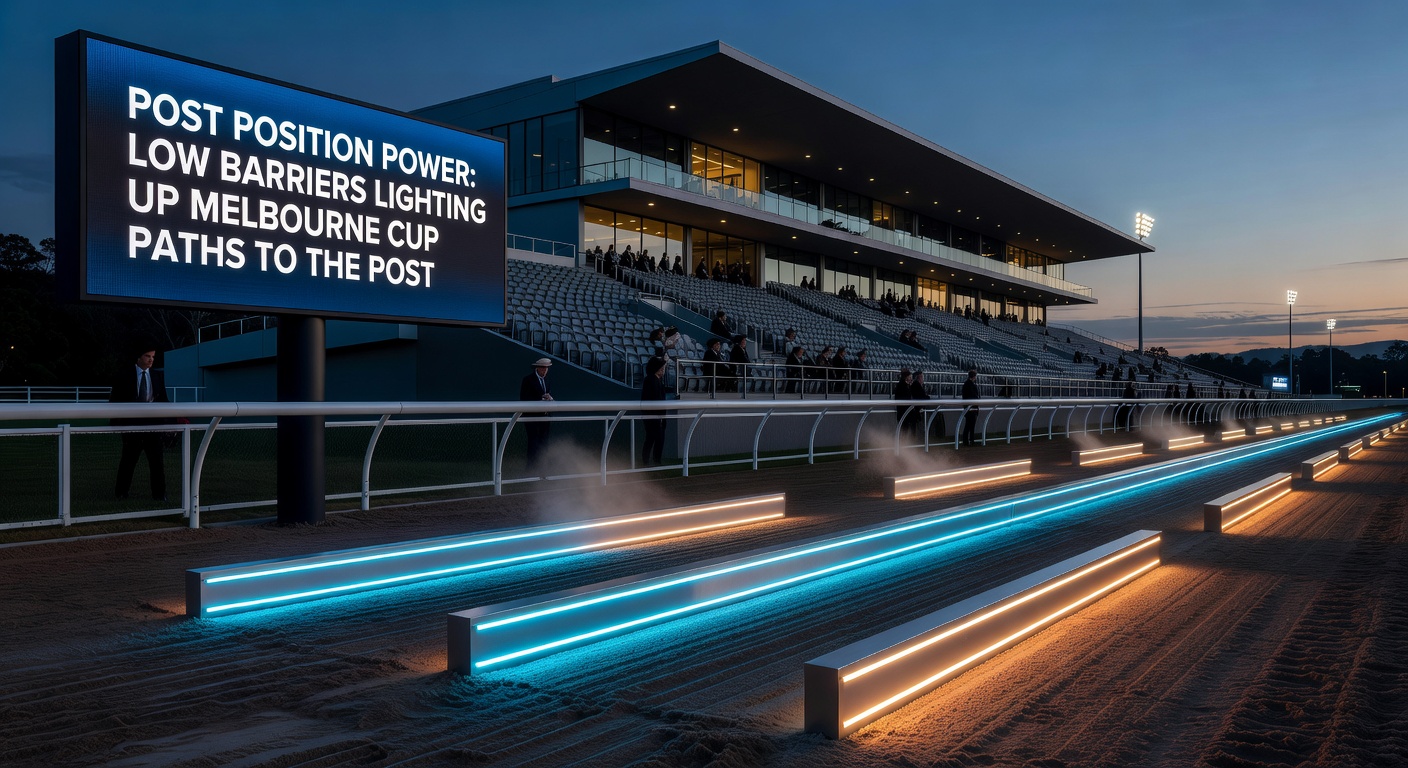 Close-up of the barrier draw board at Flemington, highlighting low numbers as favorites in Melbourne Cup previews