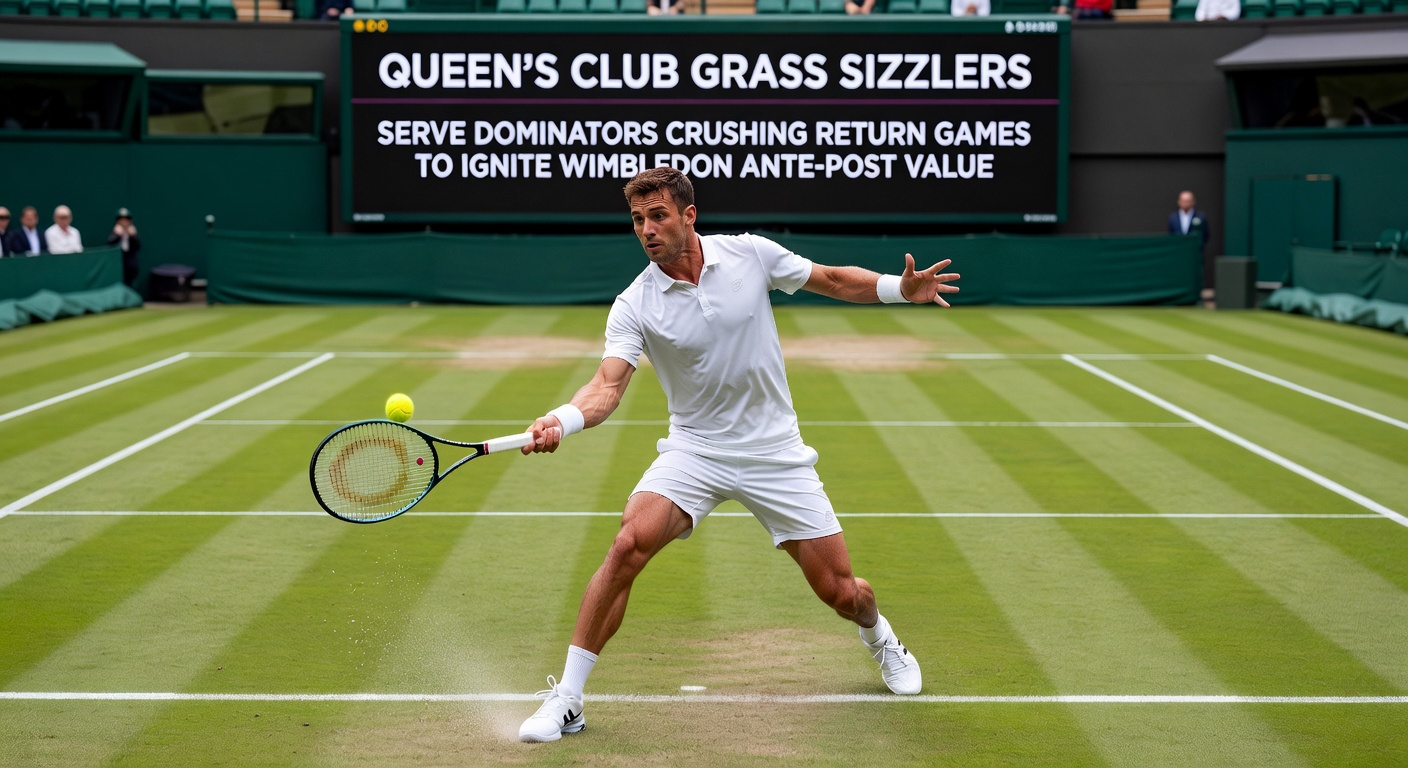 Vibrant green grass courts at Queen's Club under sunny skies, with players mid-serve highlighting the low-bouncing surface that favors big servers