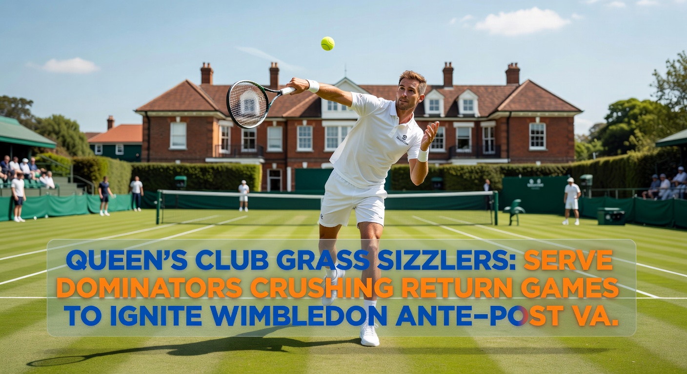 Close-up action of a powerful serve exploding off the Queen's Club grass, with the returner lunging futilely amid flying chalk