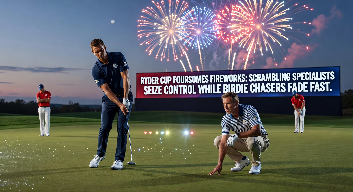 Teams battling in intense Ryder Cup Foursomes match, with players scrambling from rough to save par