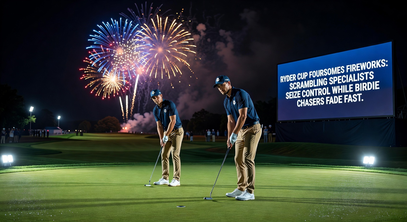 Close-up of Ryder Cup players executing a precise scramble shot from the fringe during Foursomes play