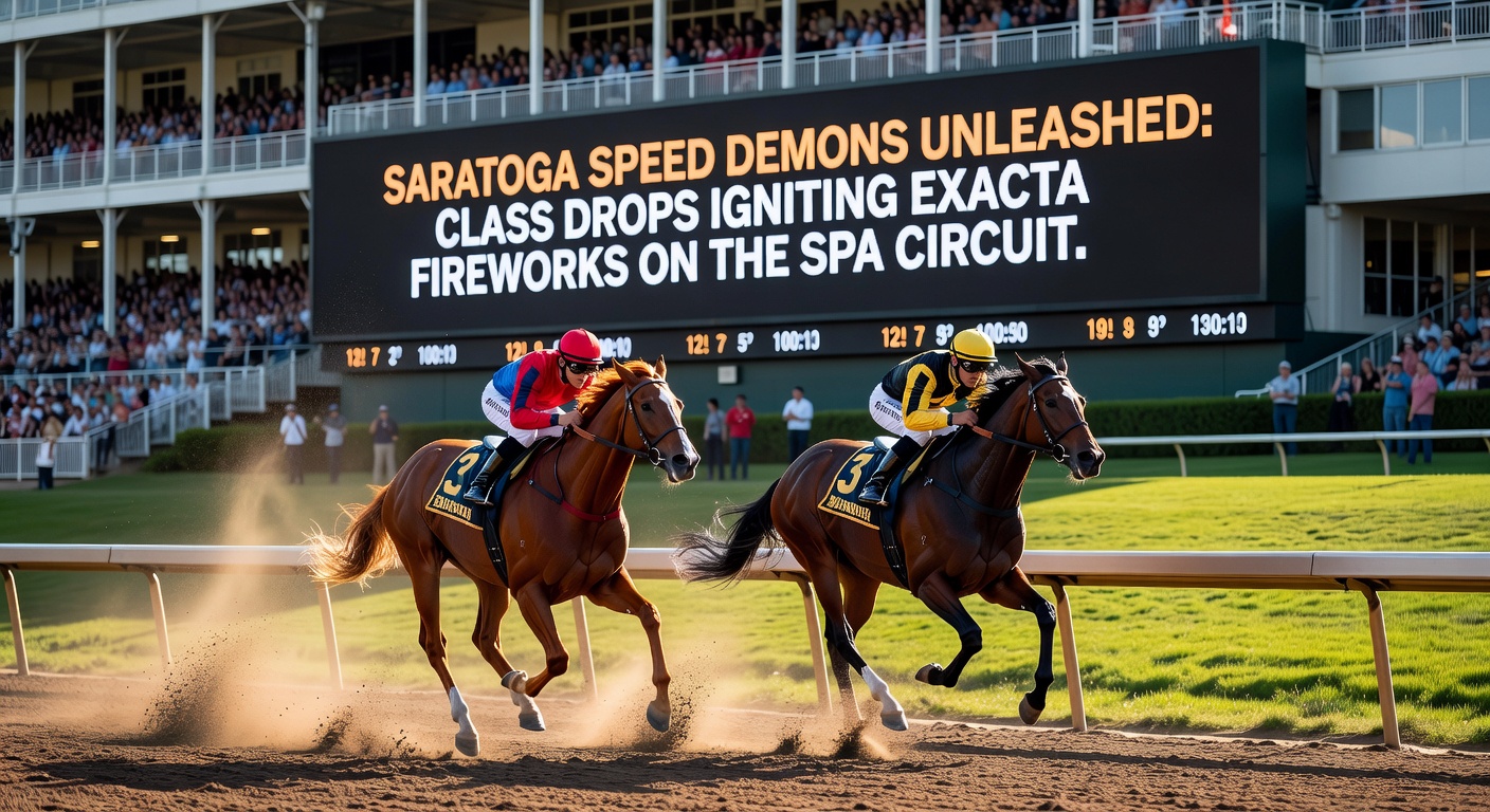 Vibrant scene of thoroughbreds thundering down Saratoga's straightaway under clear summer skies, capturing the high-speed action of the Spa meet