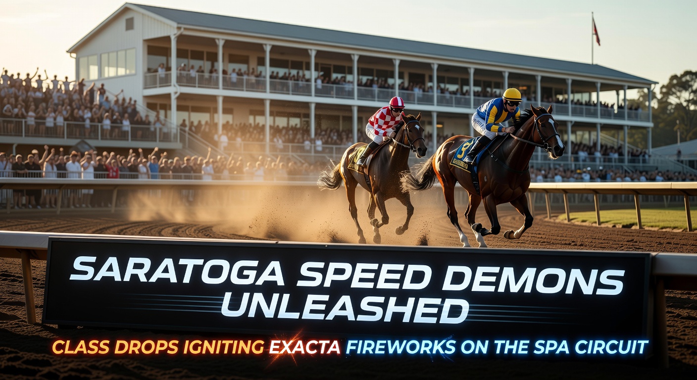 Close-up of a class-dropping speedster crossing the wire first at Saratoga, jockey pumping fist amid cheering crowd