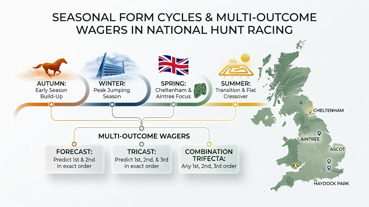 National Hunt horses navigating a jumps course during early season conditions at a UK track