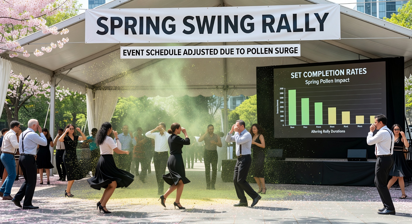 Tennis players competing on an outdoor clay court during spring with visible pollen in the air around the venue