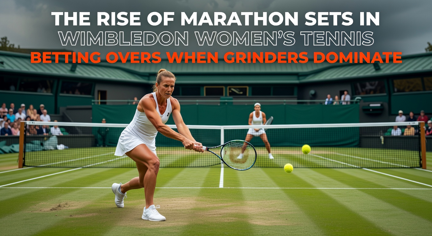 Wimbledon Centre Court during a tense women's singles match extending into marathon sets, with players locked in extended rallies on grass