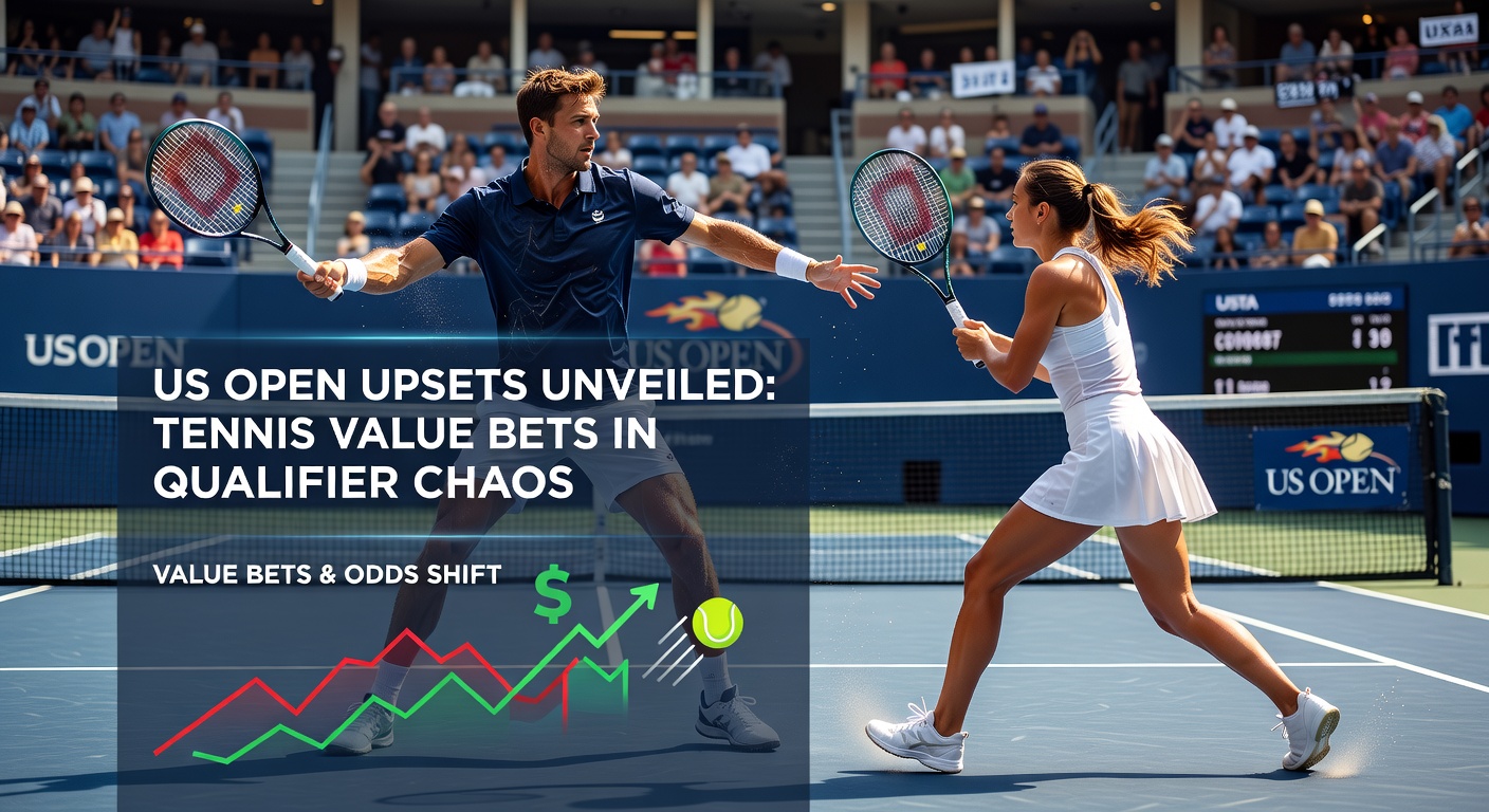 Intense US Open qualifier match with a lower-seeded player celebrating an upset victory on hard courts under stadium lights