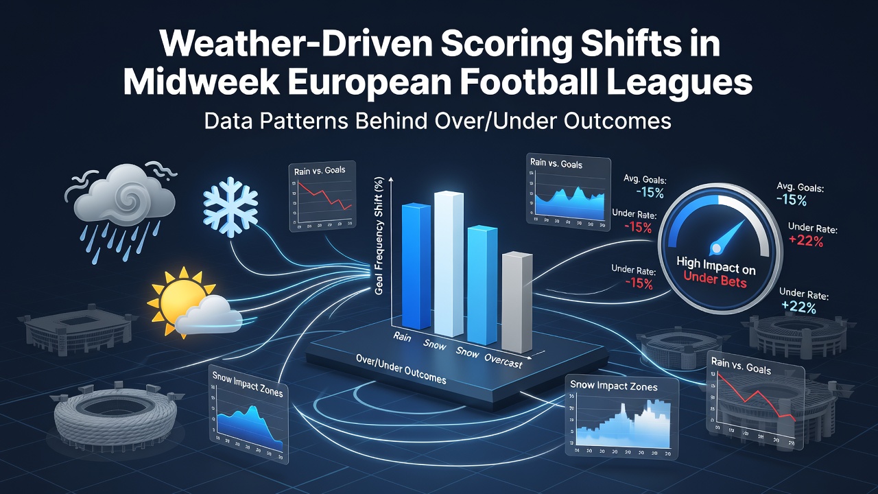Midweek European football match under rainy conditions with players navigating wet pitch during league fixture