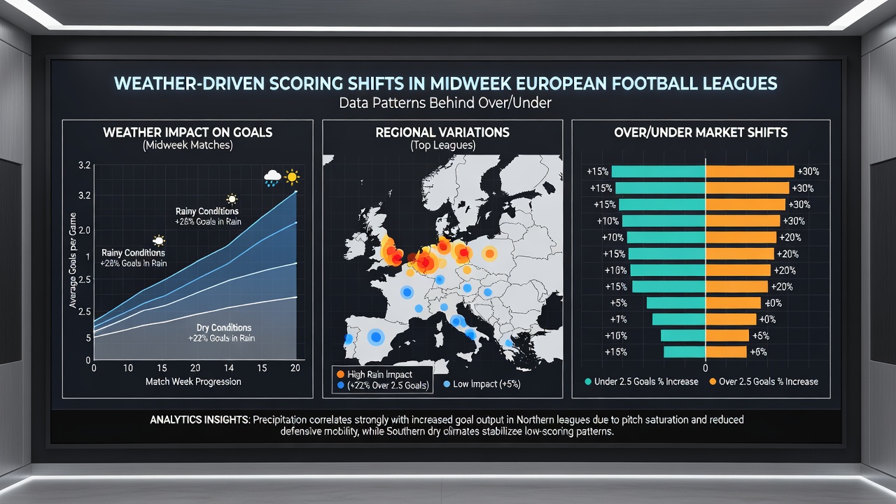 Data charts displaying over under goal trends correlated with rainfall and temperature in European midweek football