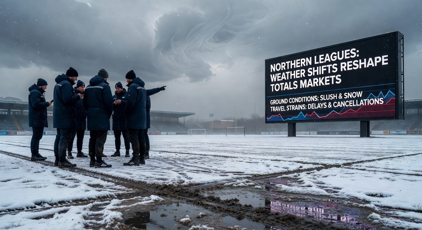 Northern league football pitch affected by spring rain and variable ground conditions during a May 2026 match